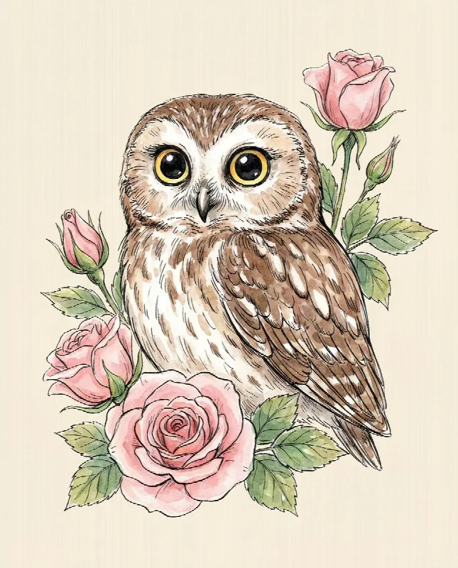 Owl with Pink Roses