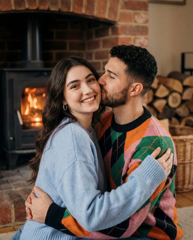 Christmas Sweaters by the Fireplace