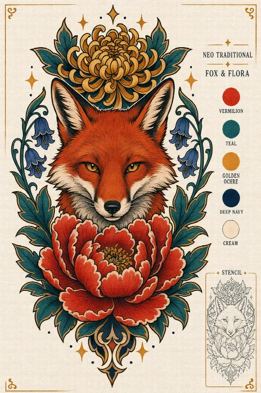 Fox and Peony Tattoo Flash