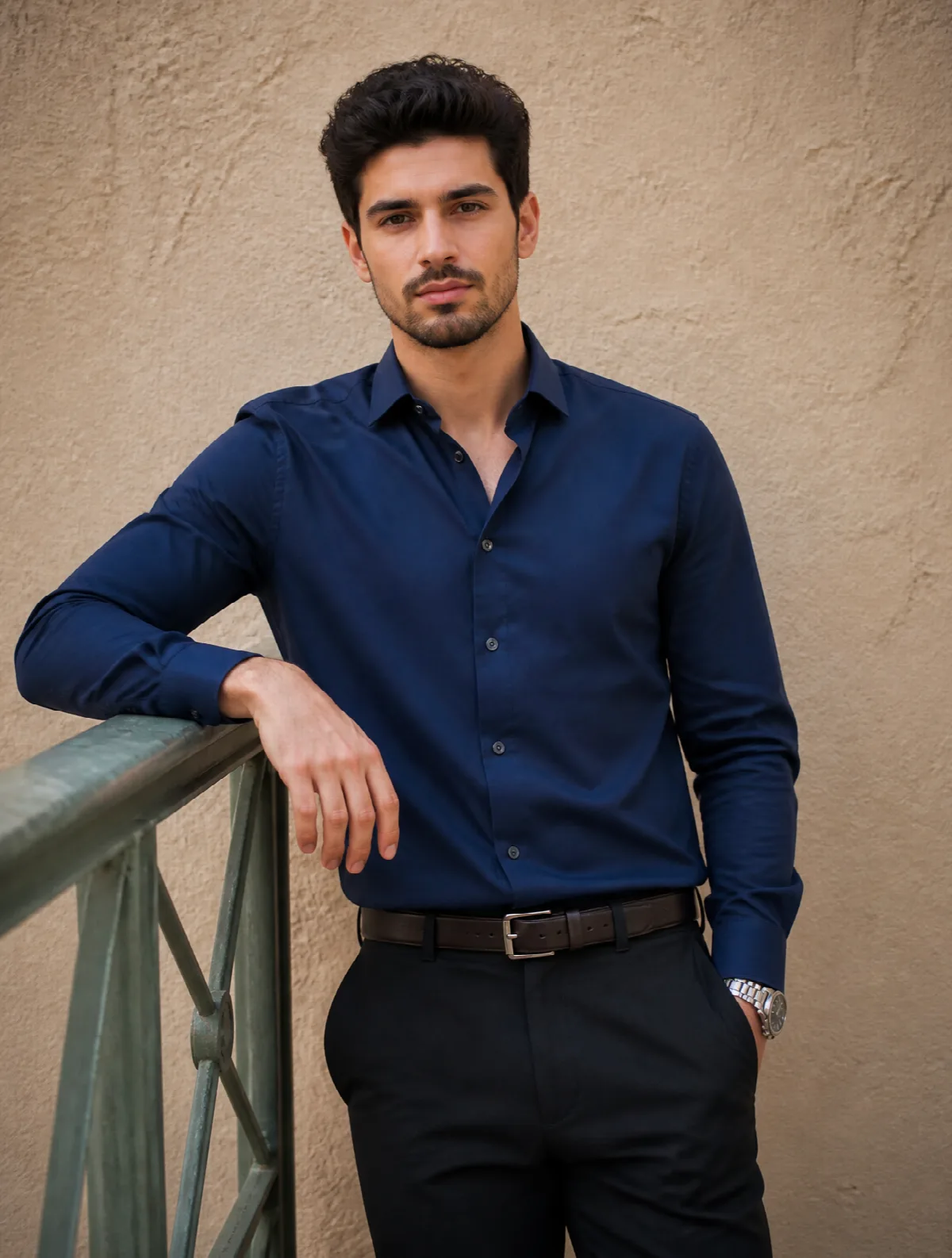 Navy Shirt by the Railing
