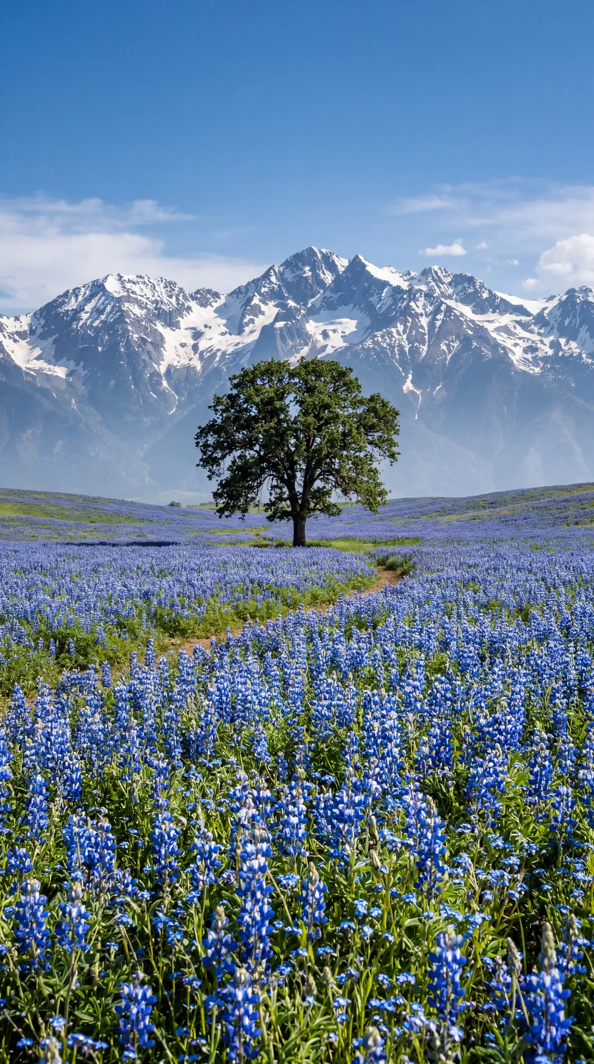 Blue Flowers Beneath Snowy Peaks