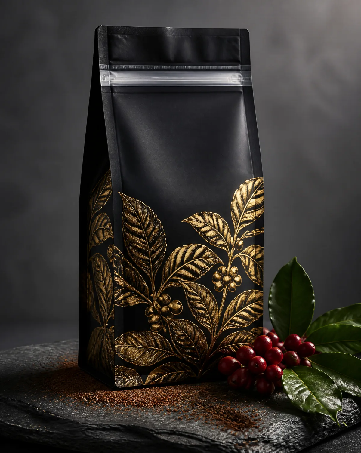 Gold Botanicals on Black Coffee Packaging