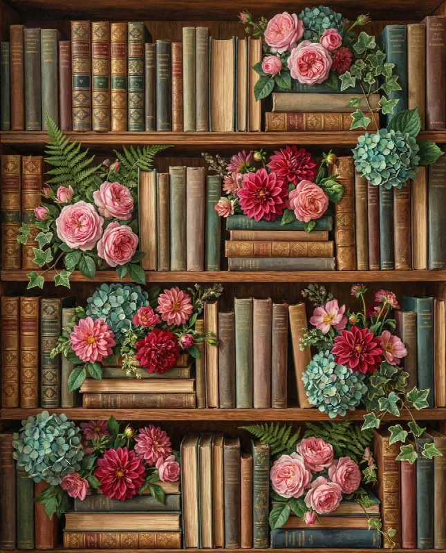 Bookshelves with Flowers