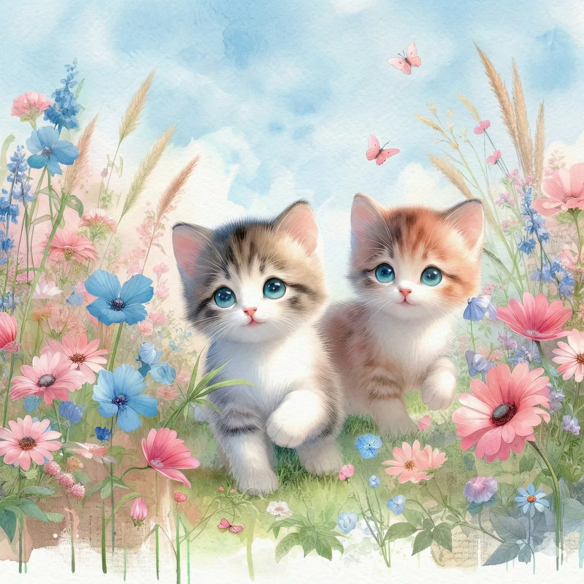 Watercolor Kittens in a Garden