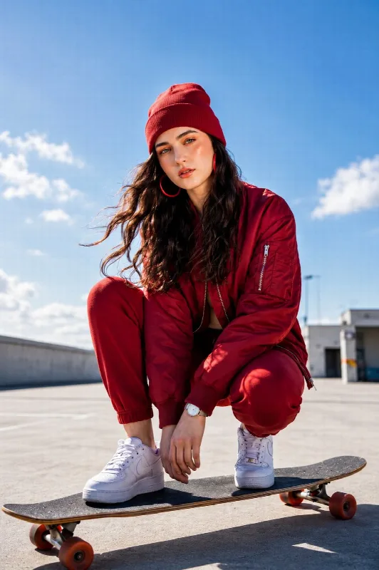 Red Tracksuit and Skateboard