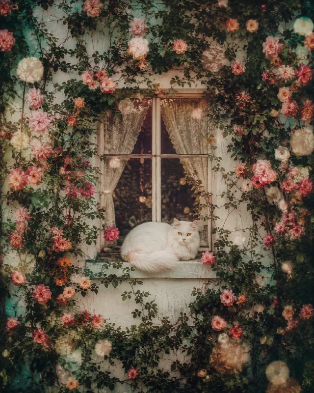 White Cat in a Rose Window