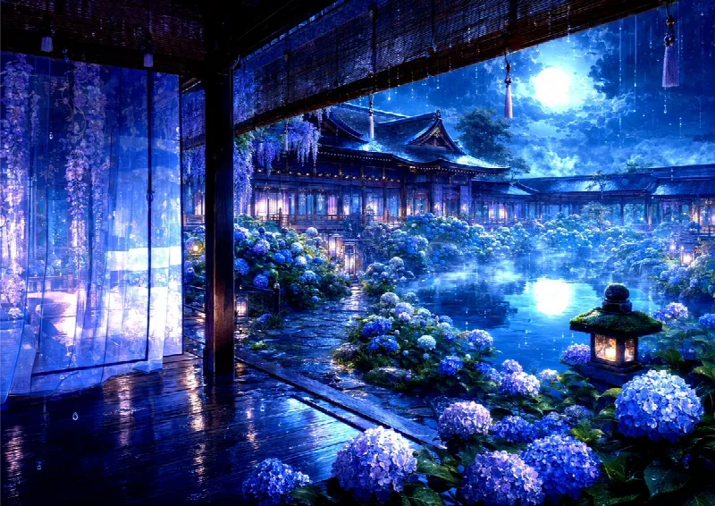 Heian Garden on a Rainy Night