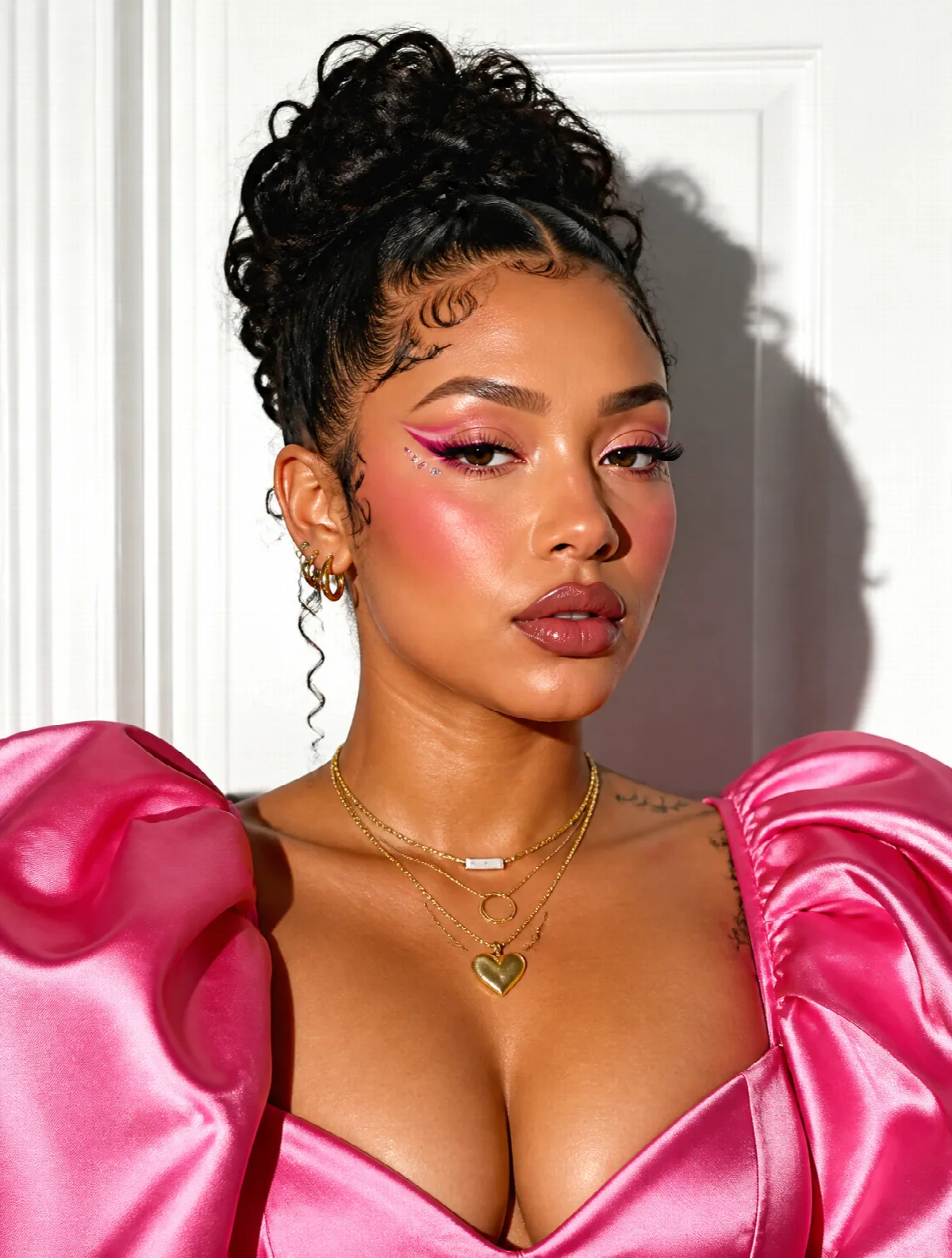 Pink Satin and Graphic Makeup
