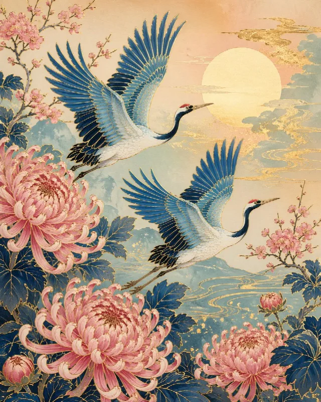 Cranes and Chrysanthemums