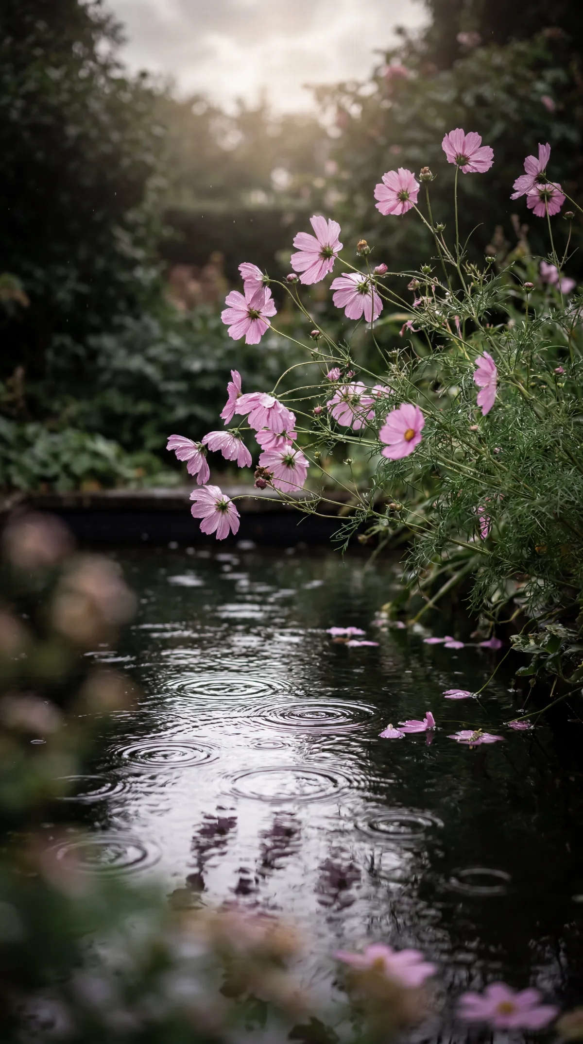 Cosmos Flowers in the Rain