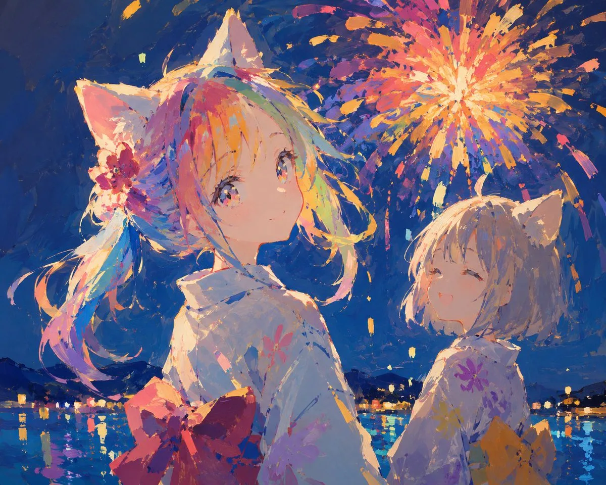 Cat Girls under Fireworks