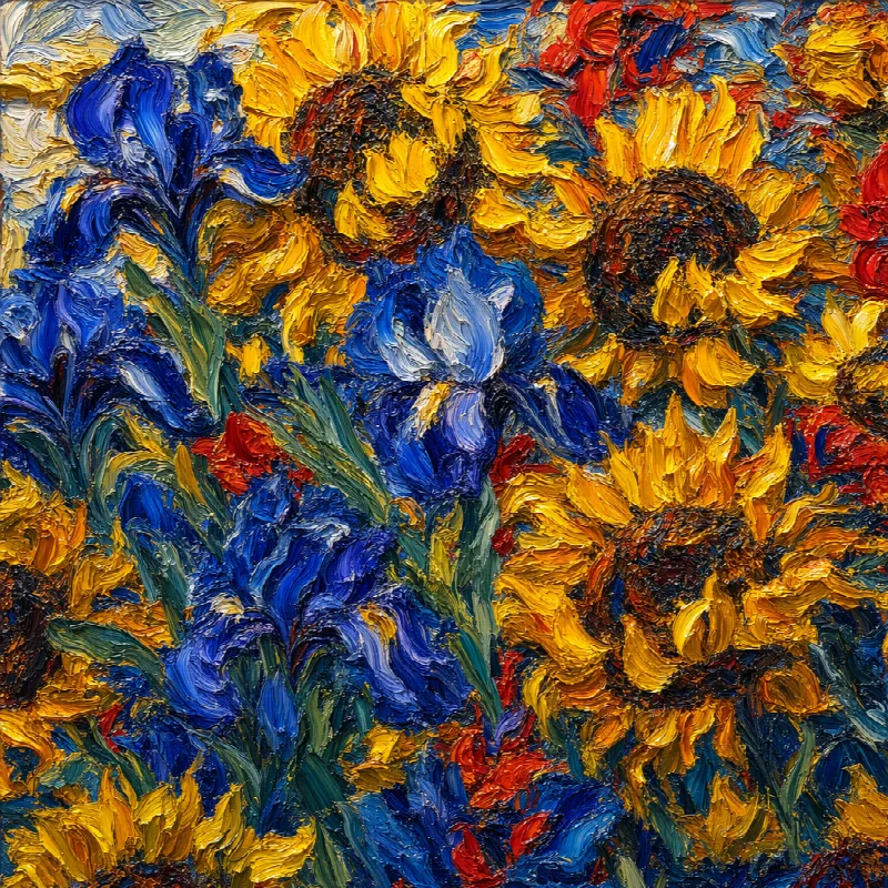 Impasto Sunflowers and Irises