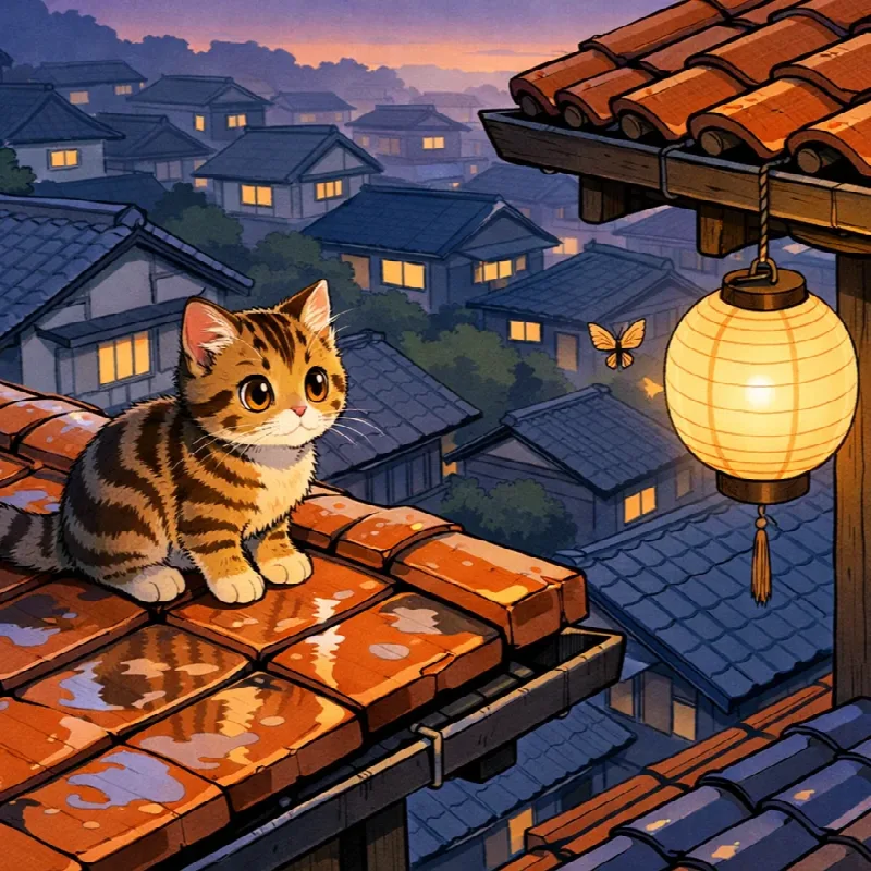 Kitten on a Twilight Rooftop