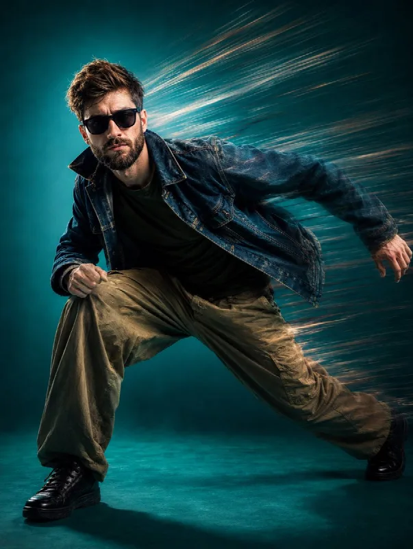 Dynamic Teal Streetwear Action Shot
