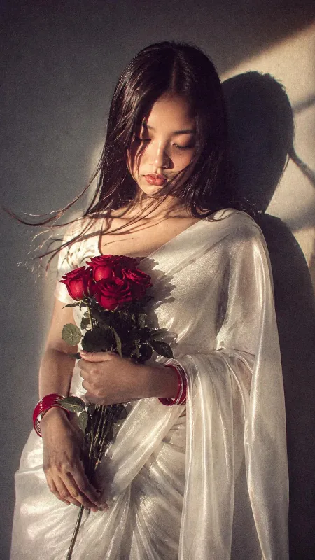 90s White Saree with Roses