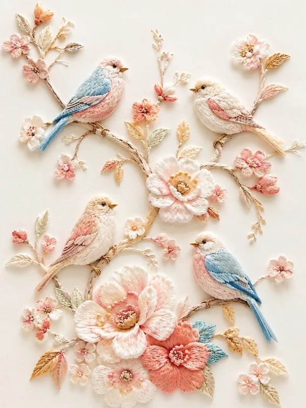 Embroidered Birds and Blossoms