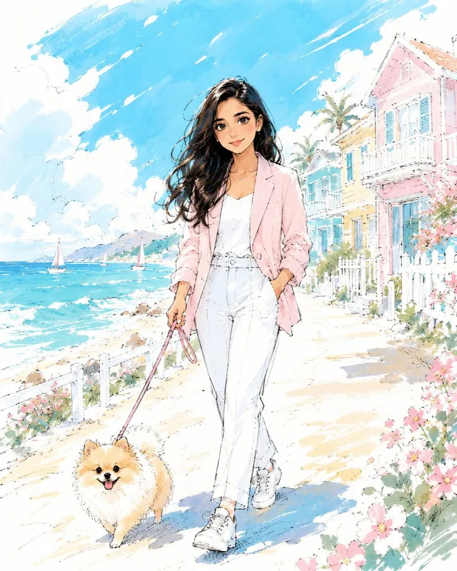 Seaside Walk with a Pomeranian
