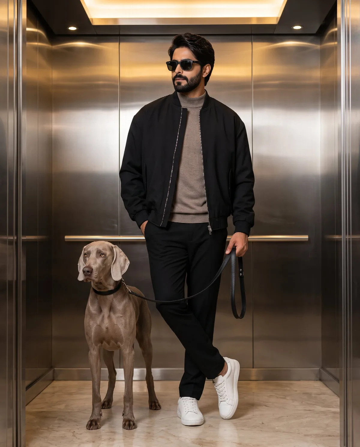 Elevator with Weimaraner