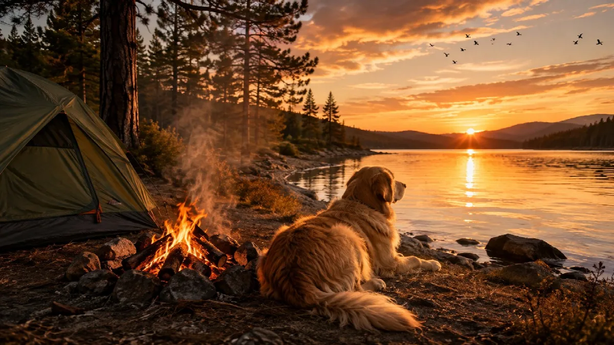 Golden Retriever by the Campfire