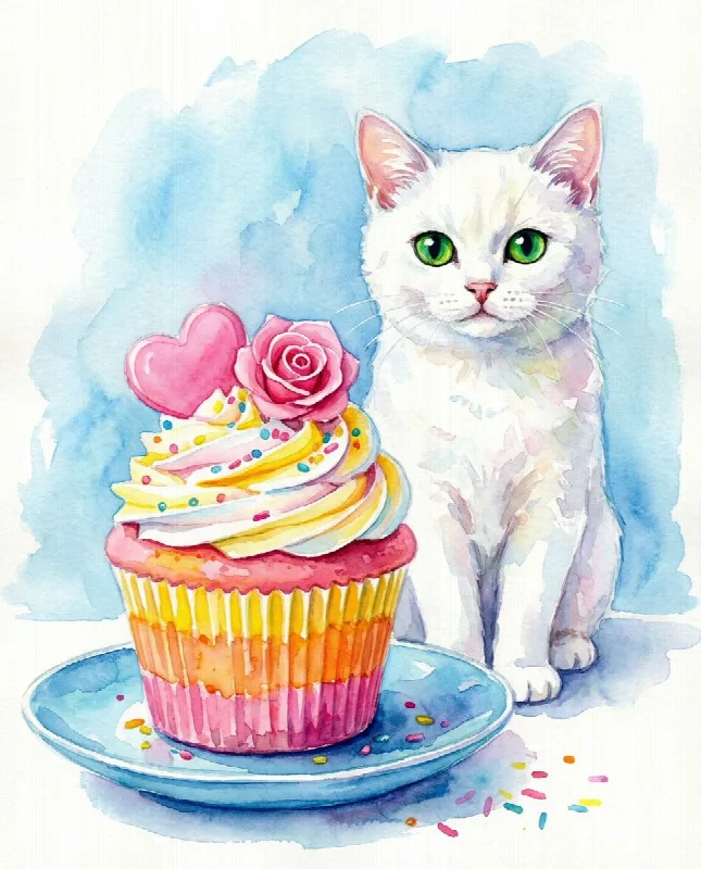 Watercolor Cat with a Cupcake