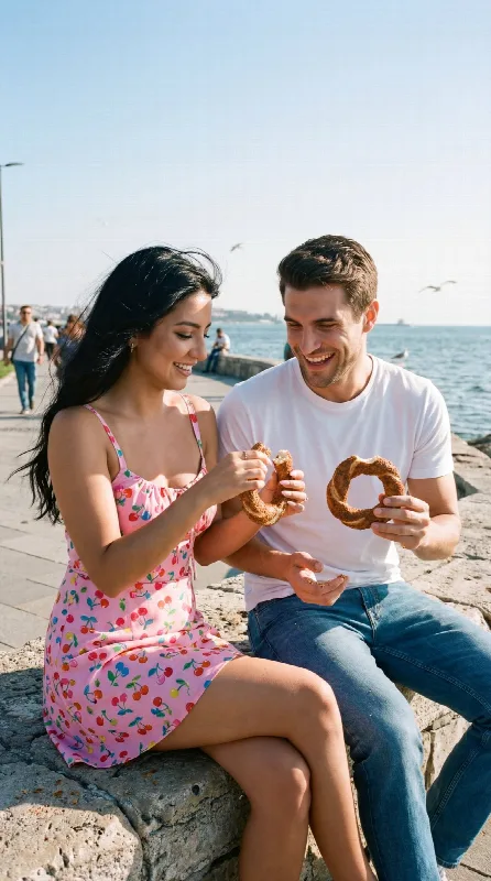 Seaside Couple Sharing Bagels