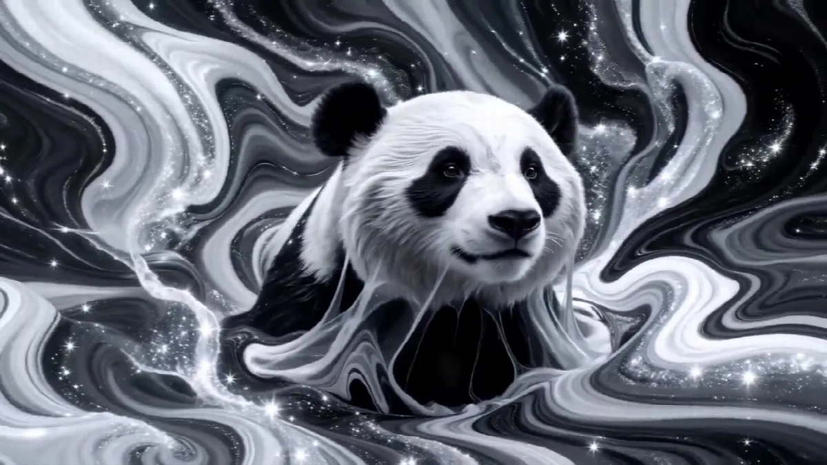 Panda Emerges from Liquid Swirls