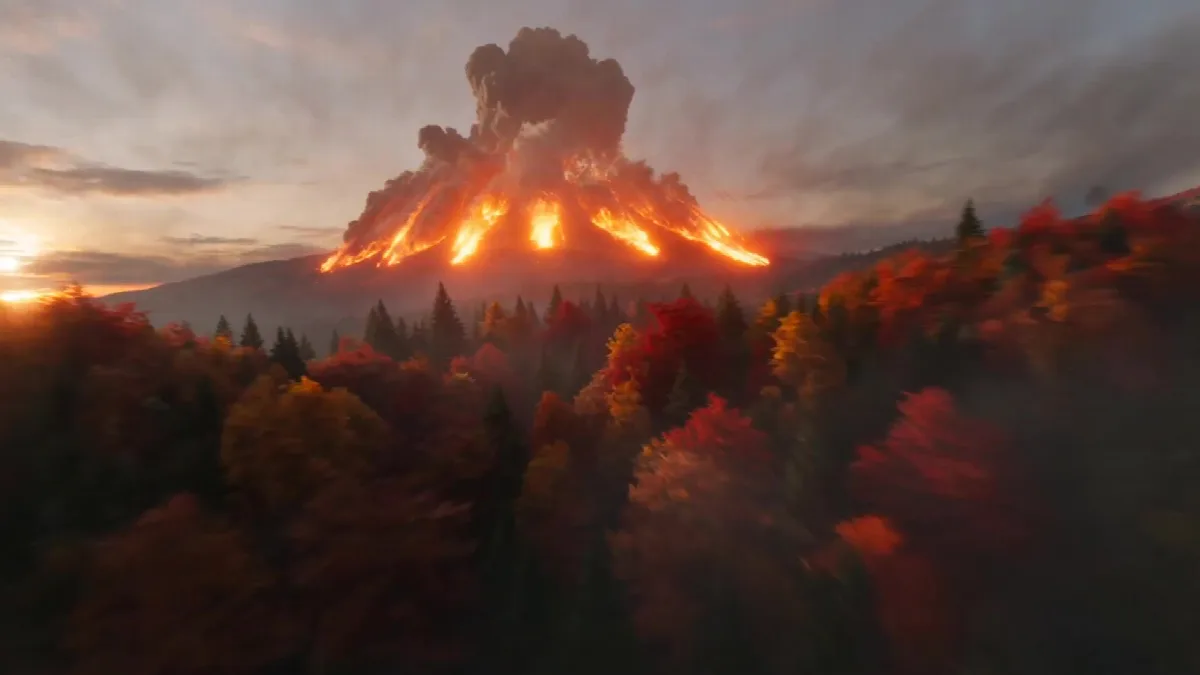 Volcano Erupts Over Autumn Forest
