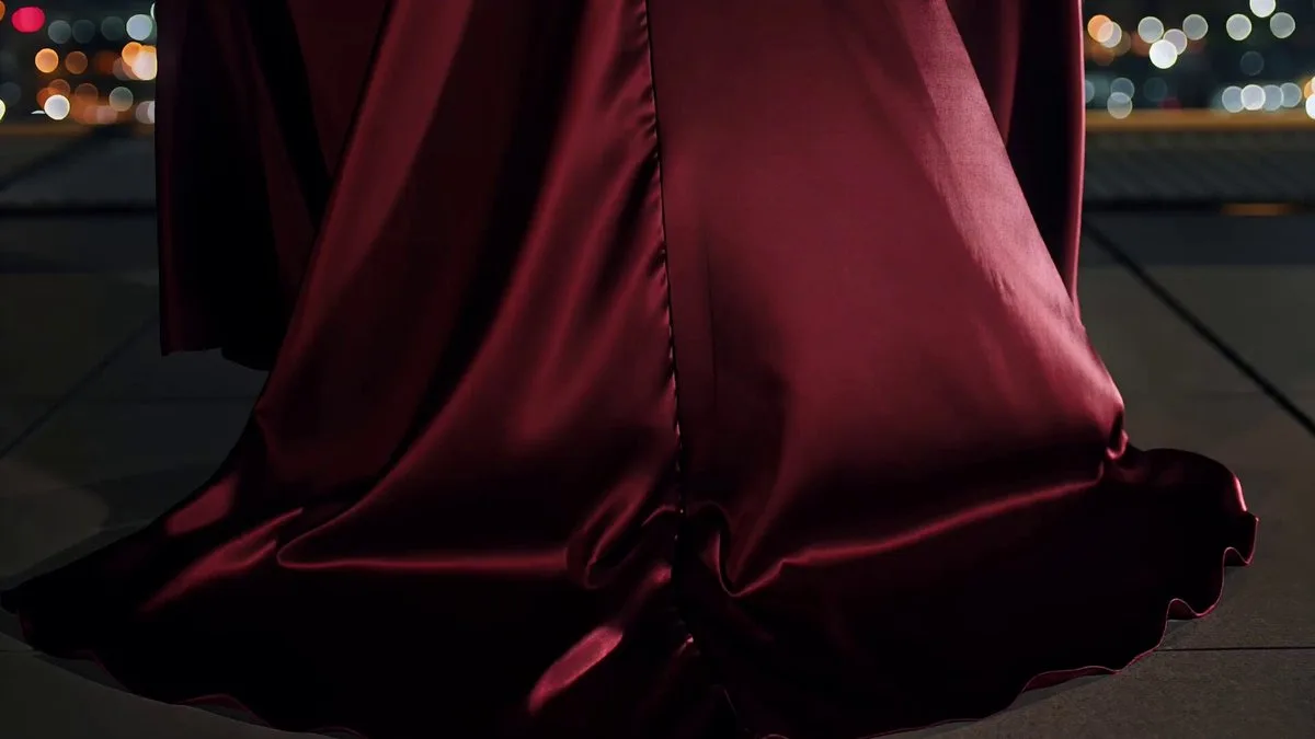 Wine Satin Dress on the Rooftop