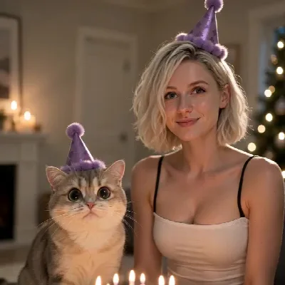 Only the woman from reference image 1 and the cat from…